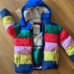Boden | stripe waterproof puffer jacket in multi rainbow